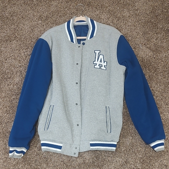 Men's Gray and Blue LA Los Angeles DODGERS Reversible Varsity Jacket - Picture 1 of 8